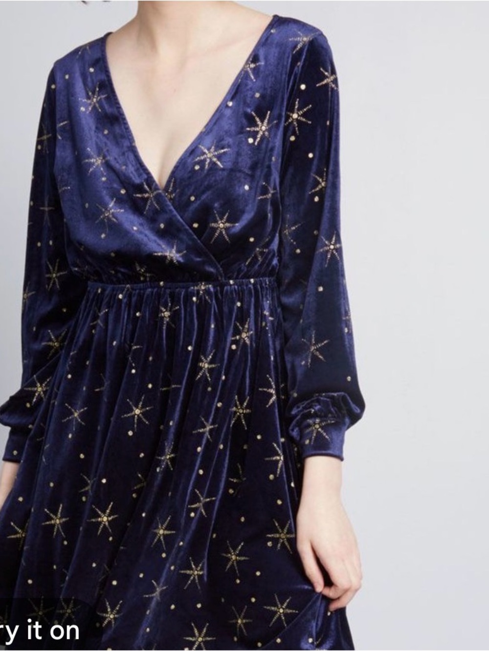 ModCloth Navy Velvet Gold Star Print Dress Size Small Long Sleeve Celestial